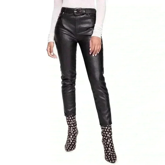 {Free People} High Rise Slim Straight Leg Faux Leather Belted Jeans Pants - Picture 1 of 8